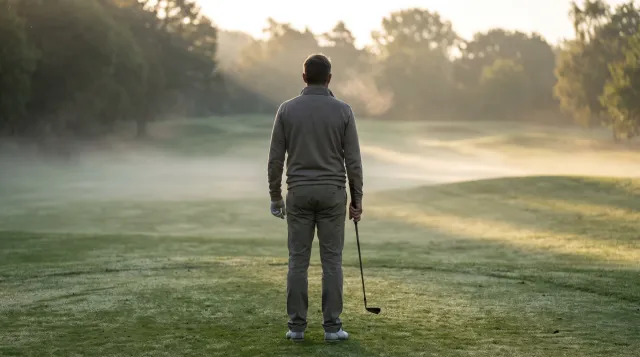 Golfer seen from behind, standing alone and still on a misty fairway at first light, iron held loose at his side, shoulders down, empty course ahead