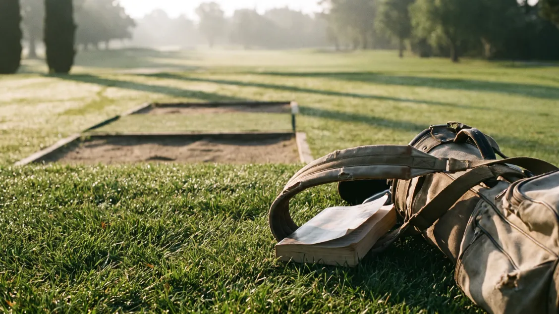 Open paperback lying face down in dewy grass beside a worn canvas golf bag, empty tee box and quiet fairway behind it in early morning light