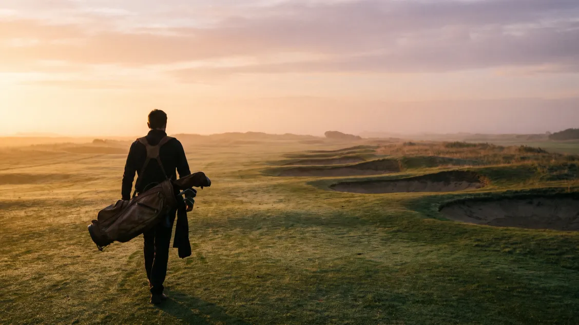 Golfer seen from behind walking alone across an empty links course at sunrise, carry bag on his shoulder, bunkers and dunes stretching ahead in the haze