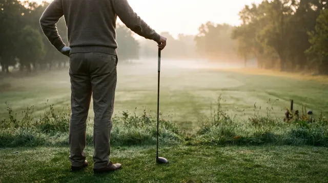 Golfer seen from behind on a misty fairway at first light, one hand on his hip and the other resting on a driver, empty fairway ahead