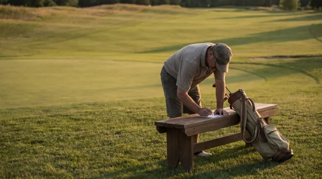 Golfer leaning over a wooden bench beside a fairway at golden hour, pencil in hand, filling in a paper scorecard with his bag propped against the bench