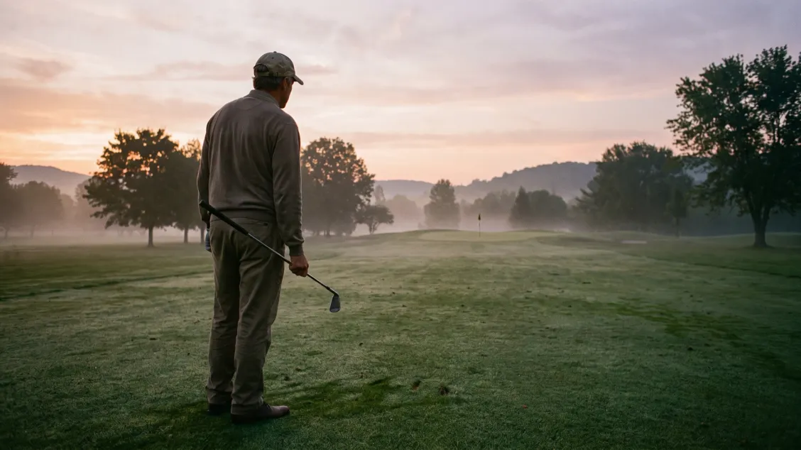 Golfer standing behind the ball on a quiet fairway at first light, club at his side, eyes down the target line toward a distant green
