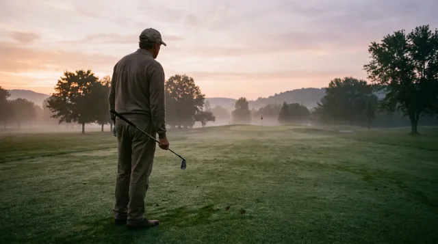 Golfer standing behind the ball on a quiet fairway at first light, club at his side, eyes down the target line toward a distant green