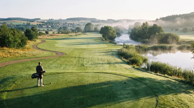 Lone golfer carrying a bag on an elevated tee at sunrise, looking down a wide fairway with a misty river guarding the whole right side