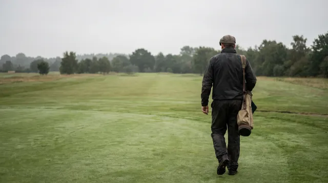 Golfer in a flat cap walking alone down a wide fairway with a canvas carry bag on one shoulder, under flat grey morning light
