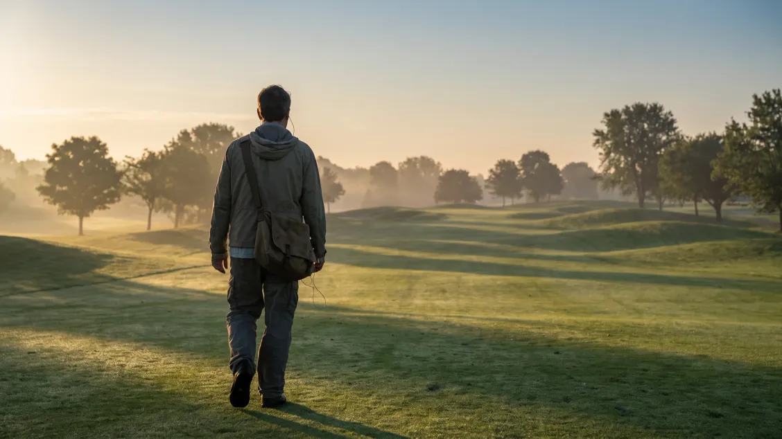 Golfer walking a quiet fairway at first light with earbuds in and a bag on one shoulder, empty course ahead