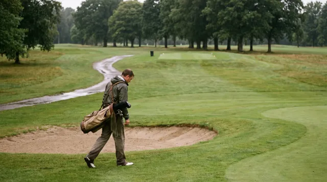 Golfer with a carry bag walking past a greenside bunker toward the next tee, head down, empty tree-lined course under overcast morning light