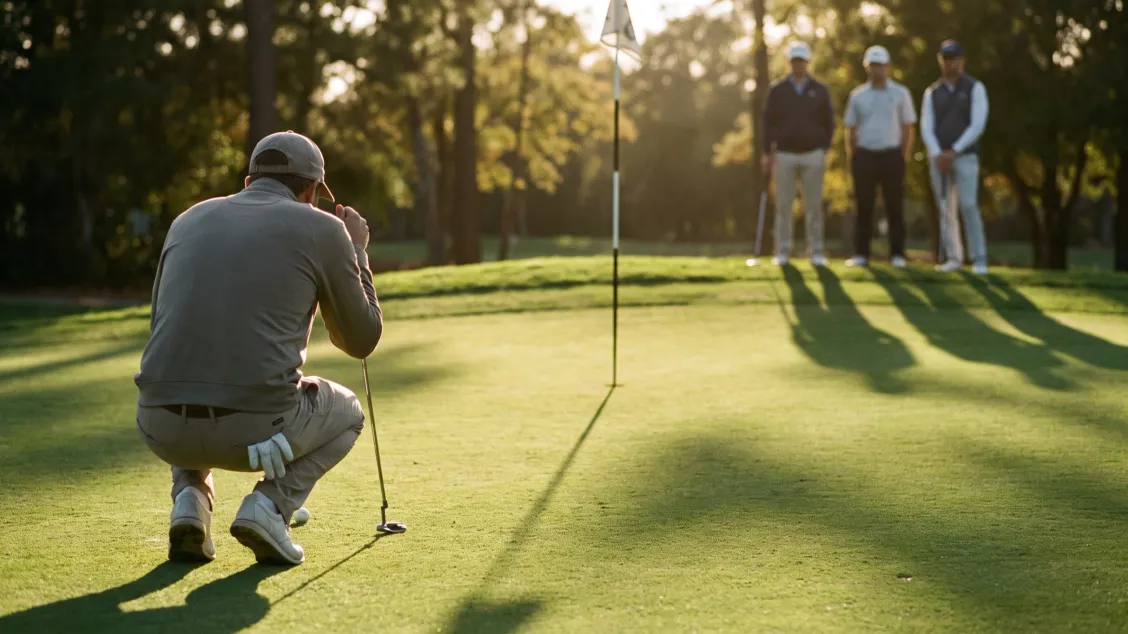 Golfer crouched behind his ball reading a putt while three playing partners wait at the back of the green, long late afternoon shadows