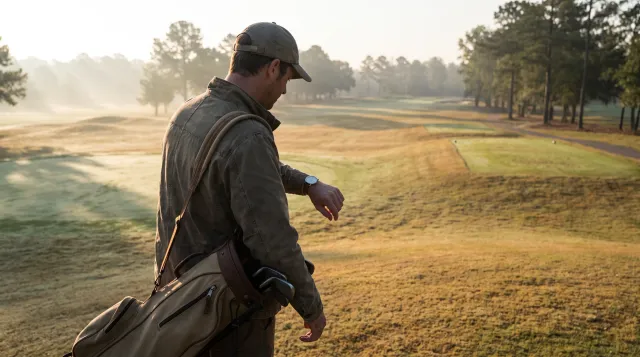Golfer walking a misty fairway at first light with a bag on one shoulder, glancing down at his wrist