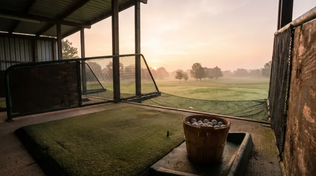 Empty driving range bay at dawn with a bucket of balls, the open golf course visible in the distance behind it