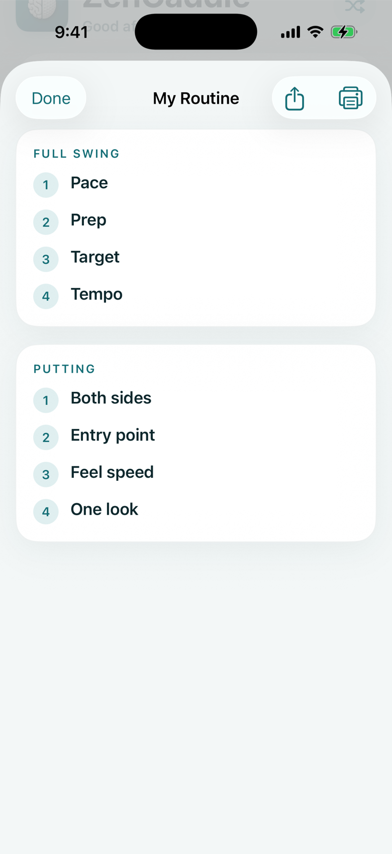 ZenCaddie app showing a saved four-step full swing routine
